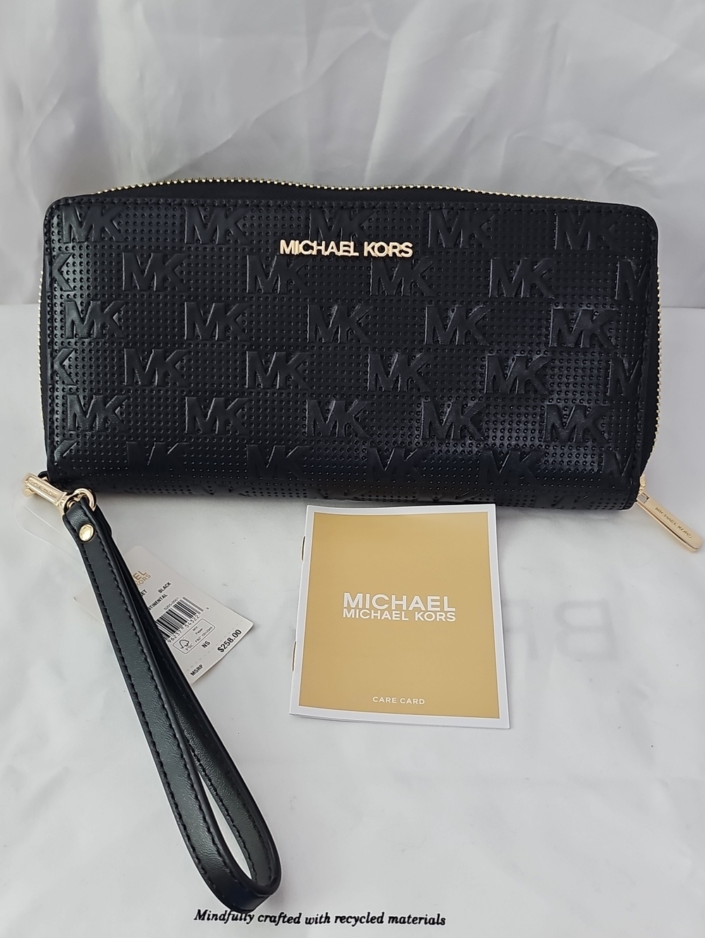 Michael Kors Black Embossed MK Zip Wristlet Wallet with Gold Hardware